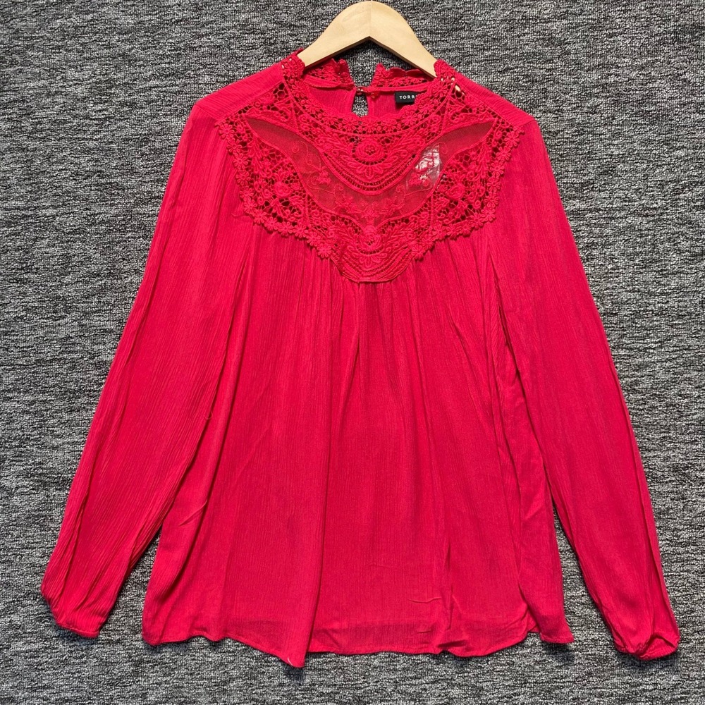 NWT Torrid Crochet Lace Yoke Crinkle Gauze Blouse Womens Large Pink Boho Top
